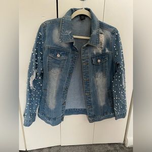 Pearl Embellished Live a Little Trucker Denim Jacket